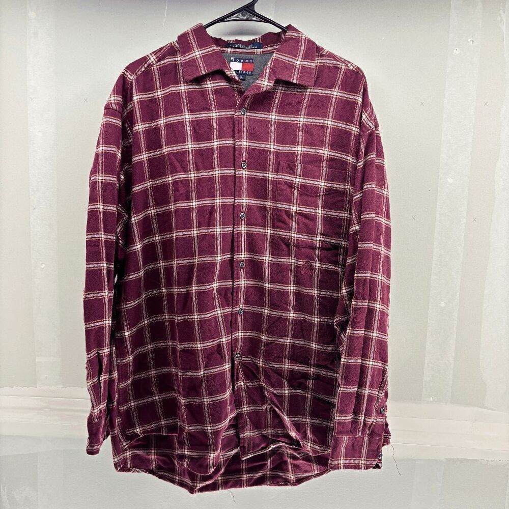 Vintage Tommy Hilfiger Red Yellow White‎ Plaid Herringbone Stitch Size L Cotton